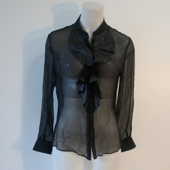 Womens Elie Tahari Black 100% Silk & Leather Sheer Button Down Ruffle Blouse S - Picture 1 of 8